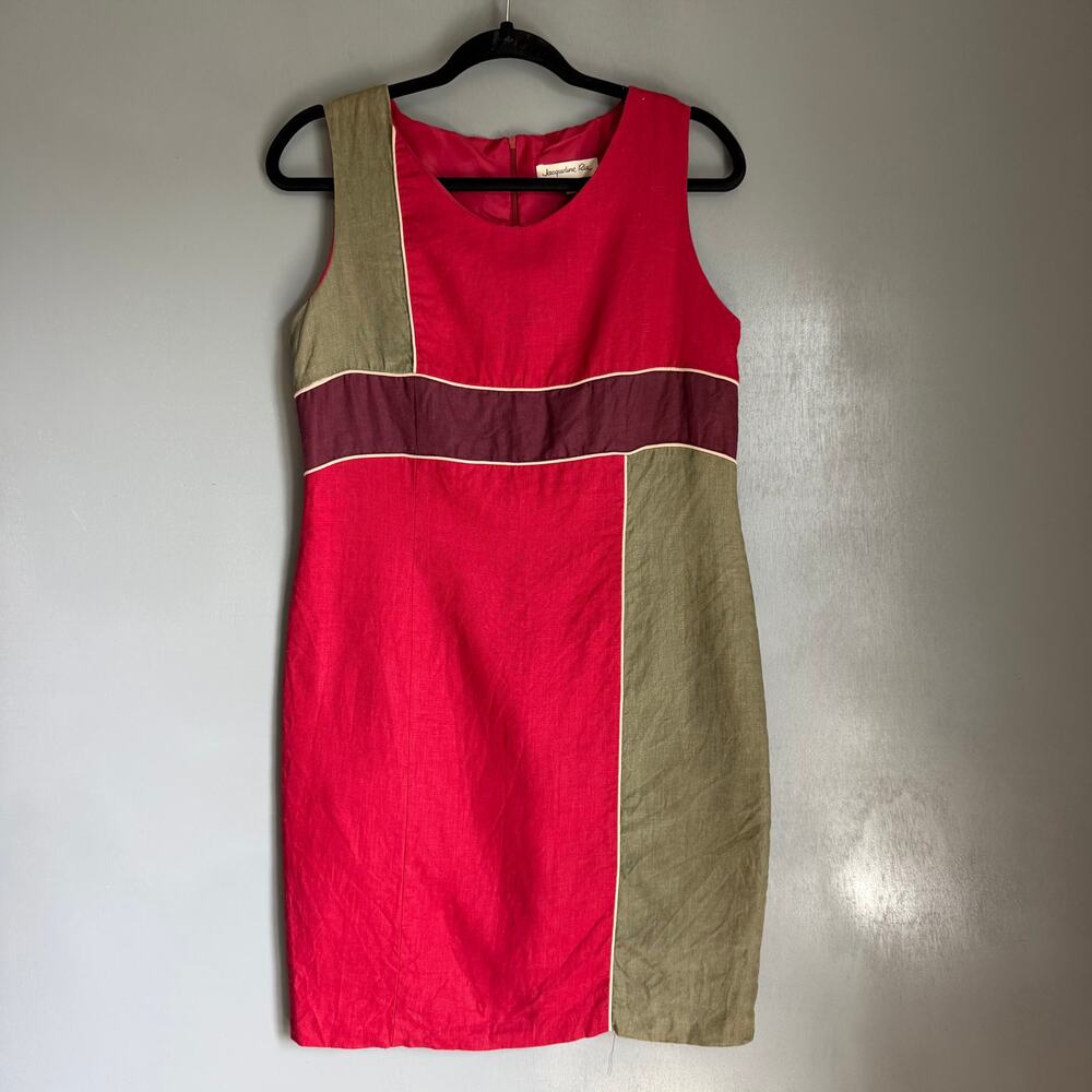 JACQUELINE RIU Women's 42 Sleeveless Red Colorblock Linen Classic Knee Dress